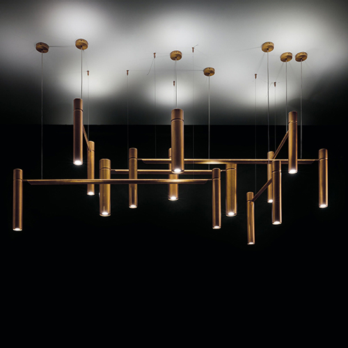 vertical network of linear pendant bulbs