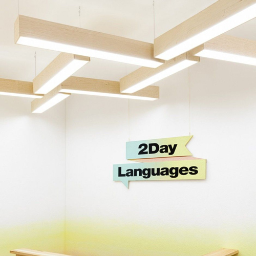 freely suspended bulbs overlooking a reception